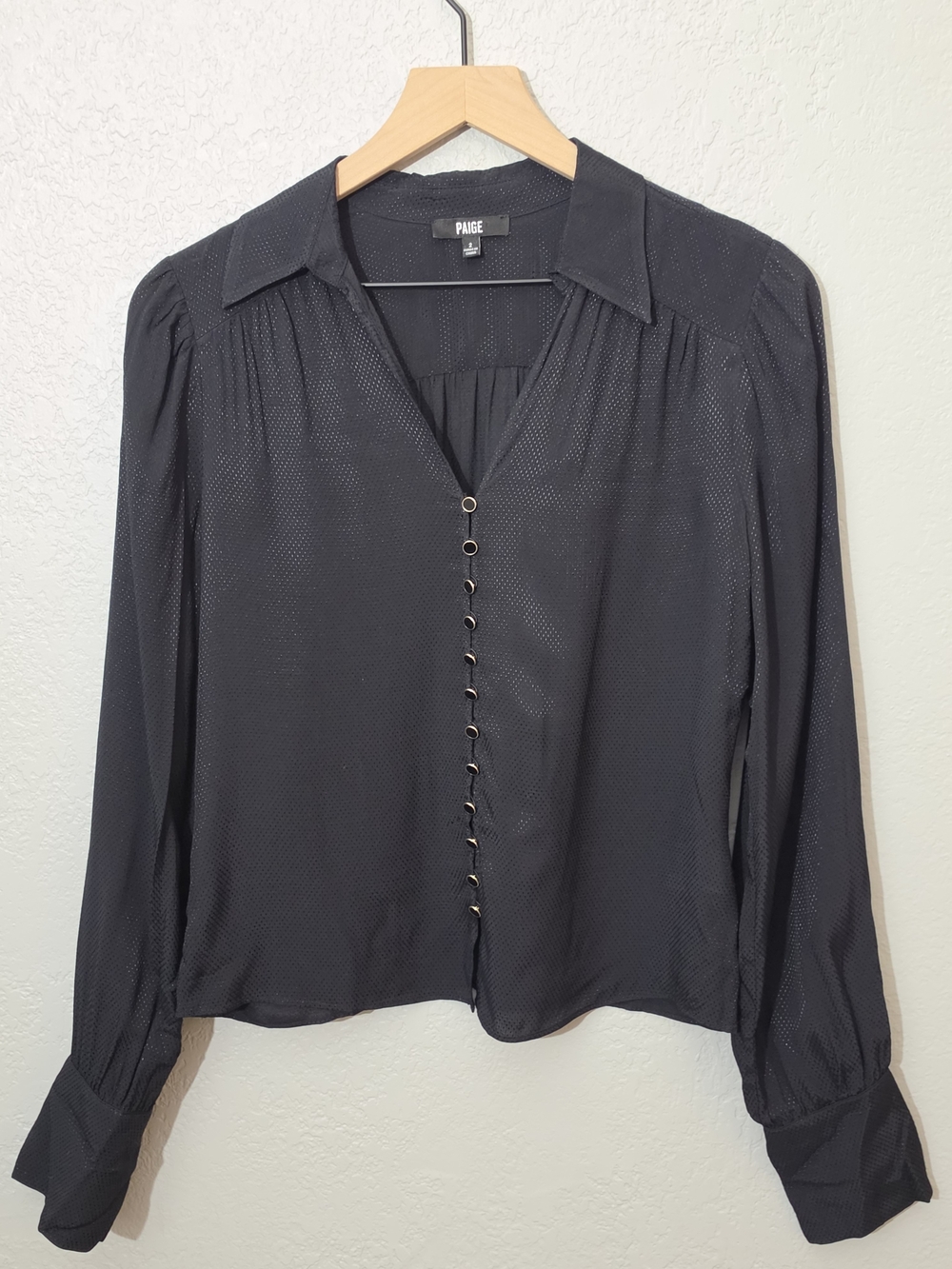 PAIGE Camu Jacquard Button Up Shirt Black Sleek Classic Womens Size 2 - Picture 3 of 9